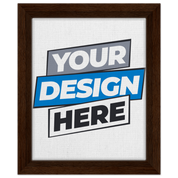 Custom framed canvas print with dark brown frame, featuring 'Your Design Here' text in a modern, bold style.