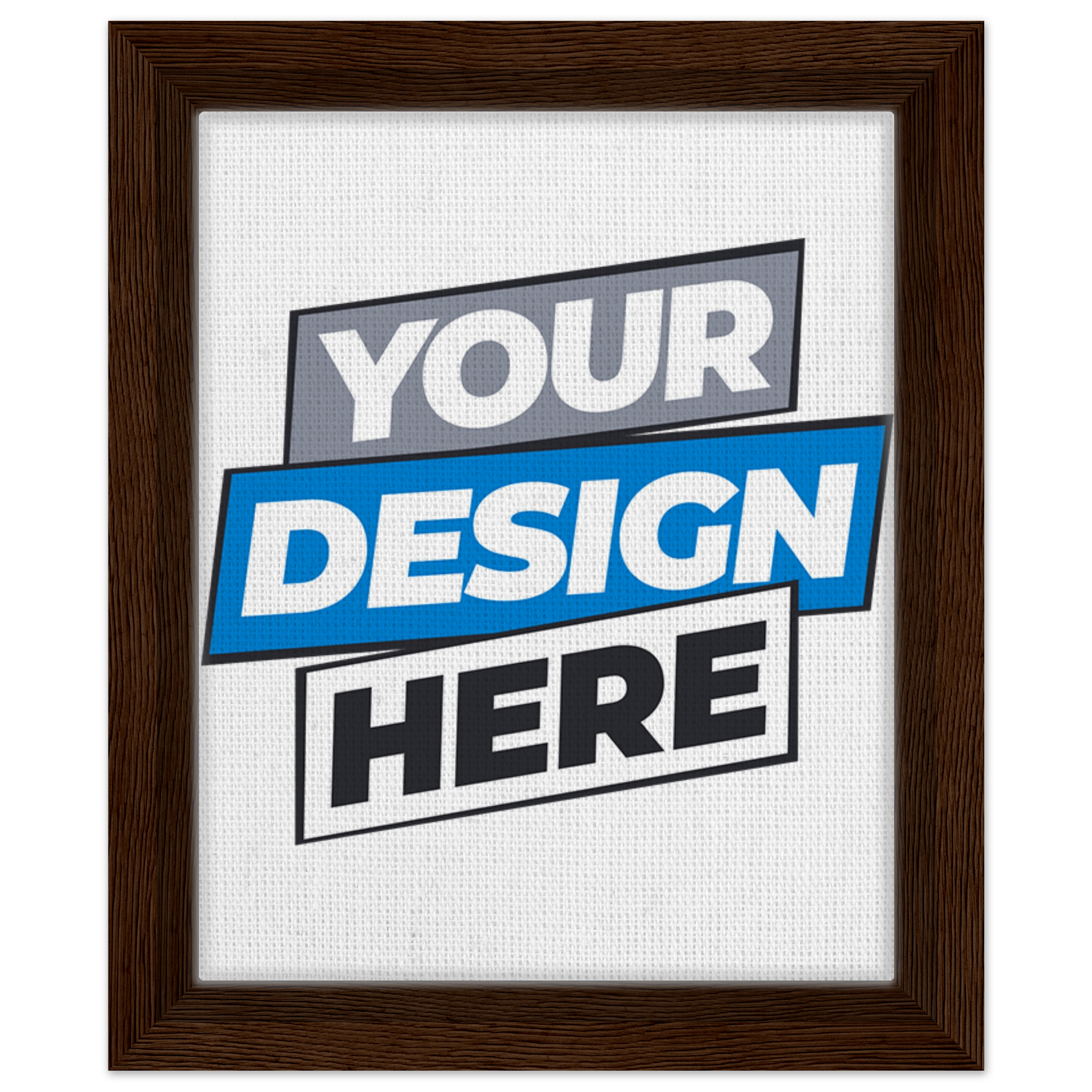 Custom framed canvas print with dark brown frame, featuring 'Your Design Here' text in a modern, bold style.
