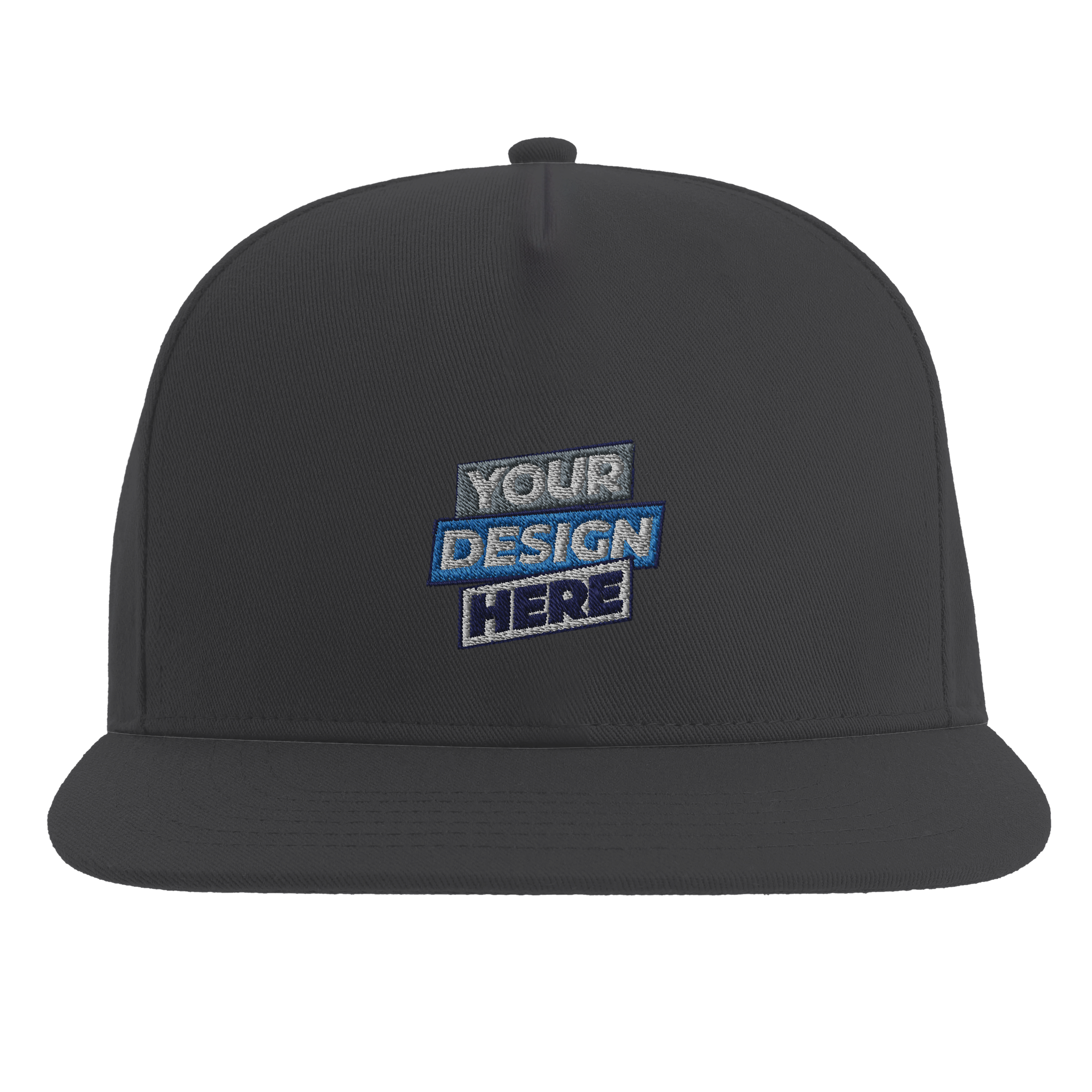 Flat bill cap with custom design, high-profile five-panel, adjustable snapback, cotton twill, green undervisor.