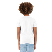 Back view of child wearing white Tivvi Kids Cotton Tee, showcasing ribbed collar and comfortable fit, ideal for play and creativity.
