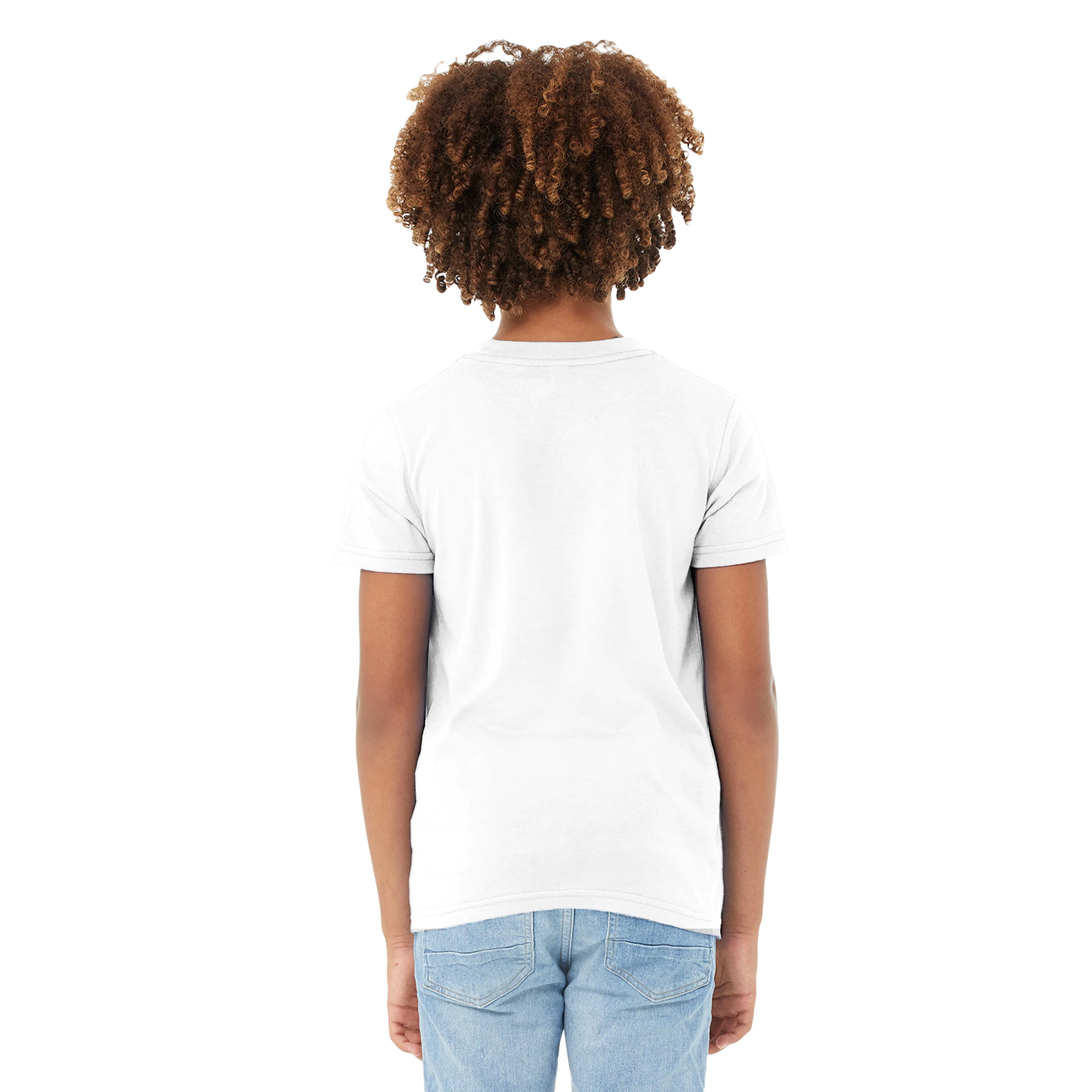 Back view of child wearing white Tivvi Kids Cotton Tee, showcasing ribbed collar and comfortable fit, ideal for play and creativity.