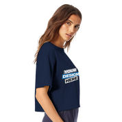 Model wearing navy Virelle Cropped Cotton Tee with print-on-demand design, showcasing relaxed fit and quality stitching.