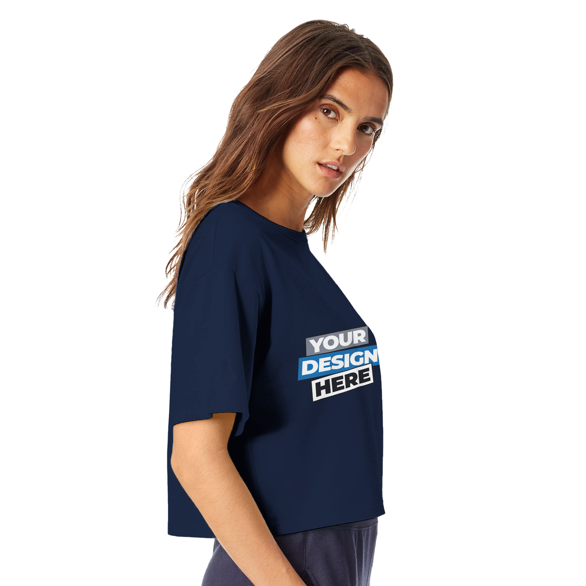 Model wearing navy Virelle Cropped Cotton Tee with print-on-demand design, showcasing relaxed fit and quality stitching.