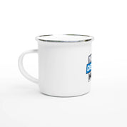 White 12oz enamel mug with silver rim, perfect for custom designs, ideal for camping and outdoor use.