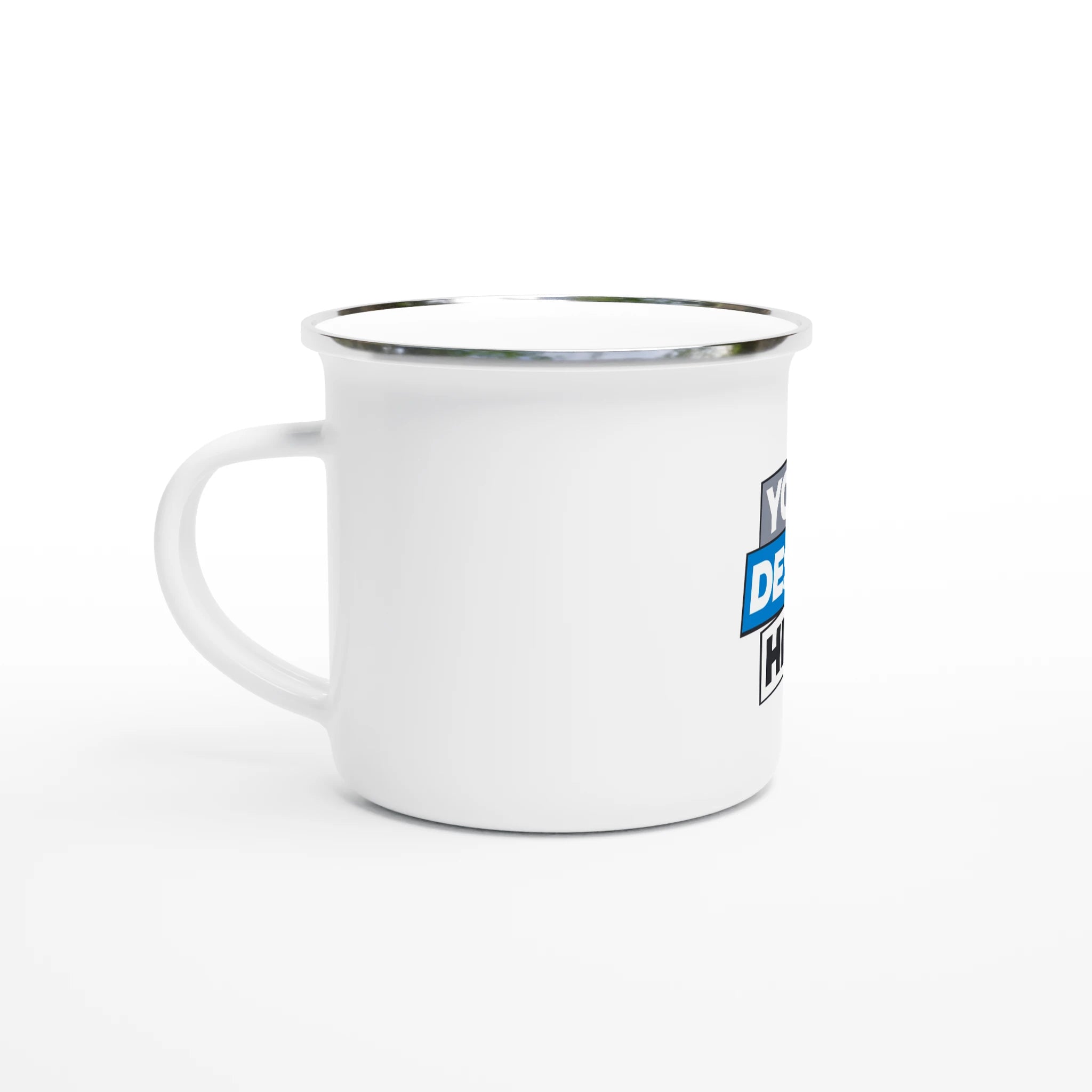 White 12oz enamel mug with silver rim, perfect for custom designs, ideal for camping and outdoor use.