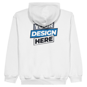 Youth customizable fleece hoodie, rear view with 'Your Design Here' text, showcasing personalized print area on white fabric.