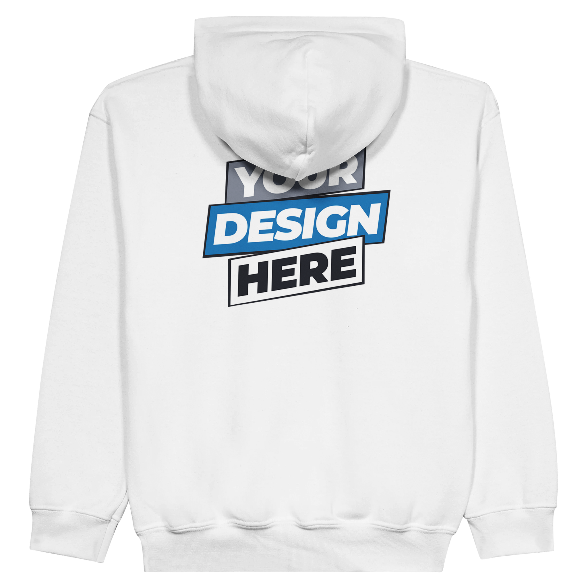 Youth customizable fleece hoodie, rear view with 'Your Design Here' text, showcasing personalized print area on white fabric.