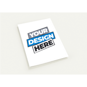 Customizable print on demand folded greeting card on cream background, featuring text "Your Design Here".