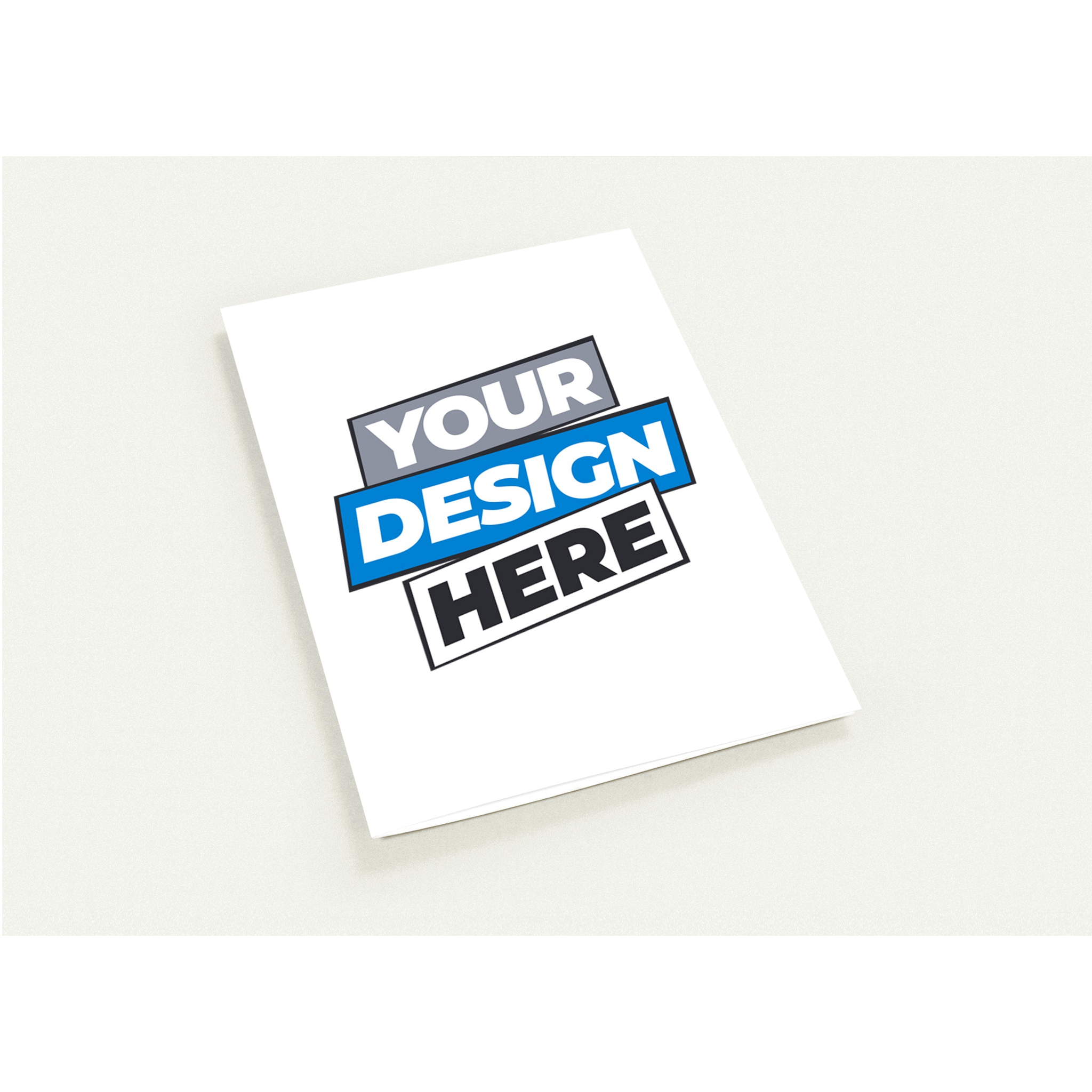 Customizable print on demand folded greeting card on cream background, featuring text "Your Design Here".