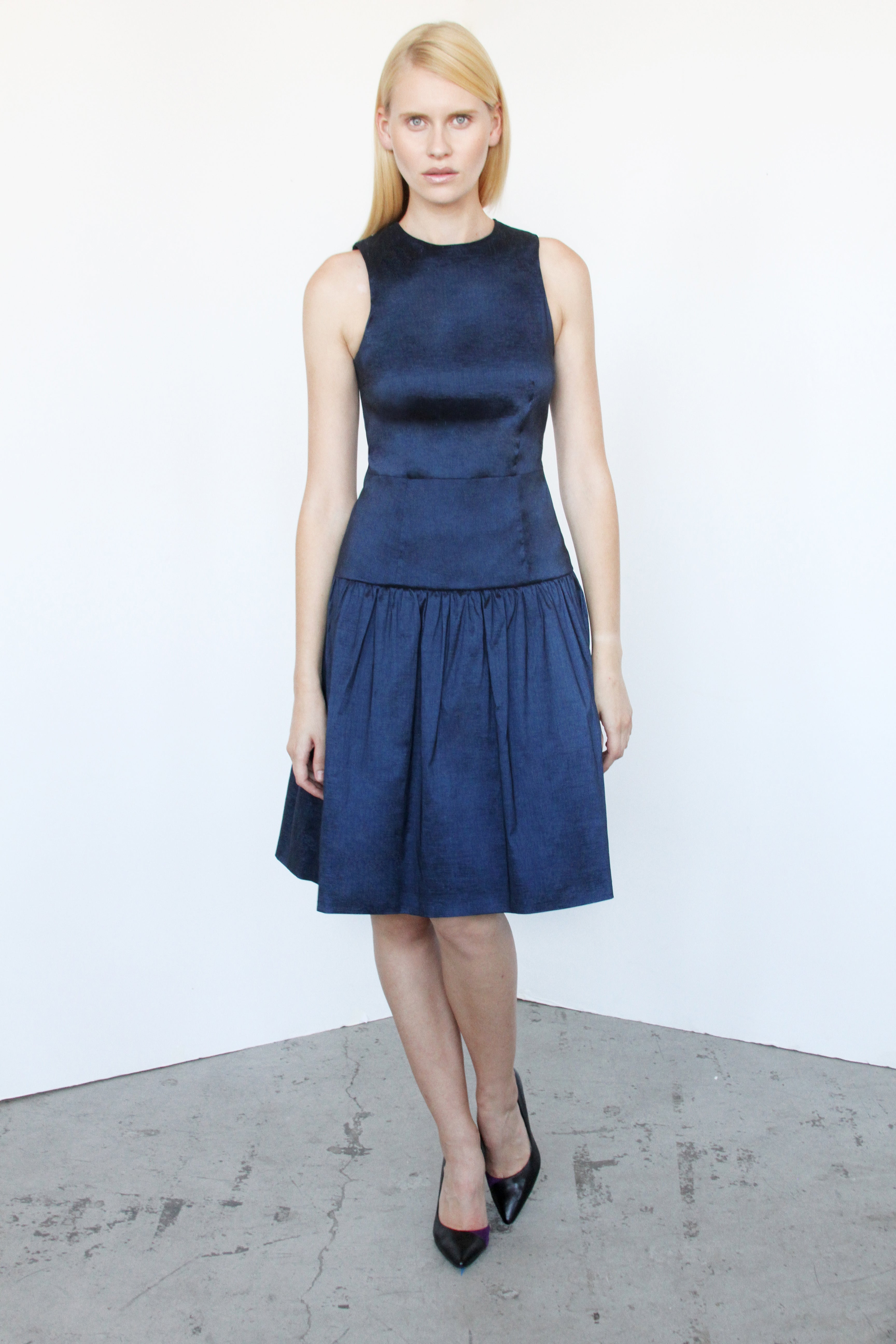 Marisse Navy Puff Skirt Dress