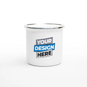 White enamel 12oz mug for print on demand, featuring clean design with silver rim, ideal for custom artwork or logos.