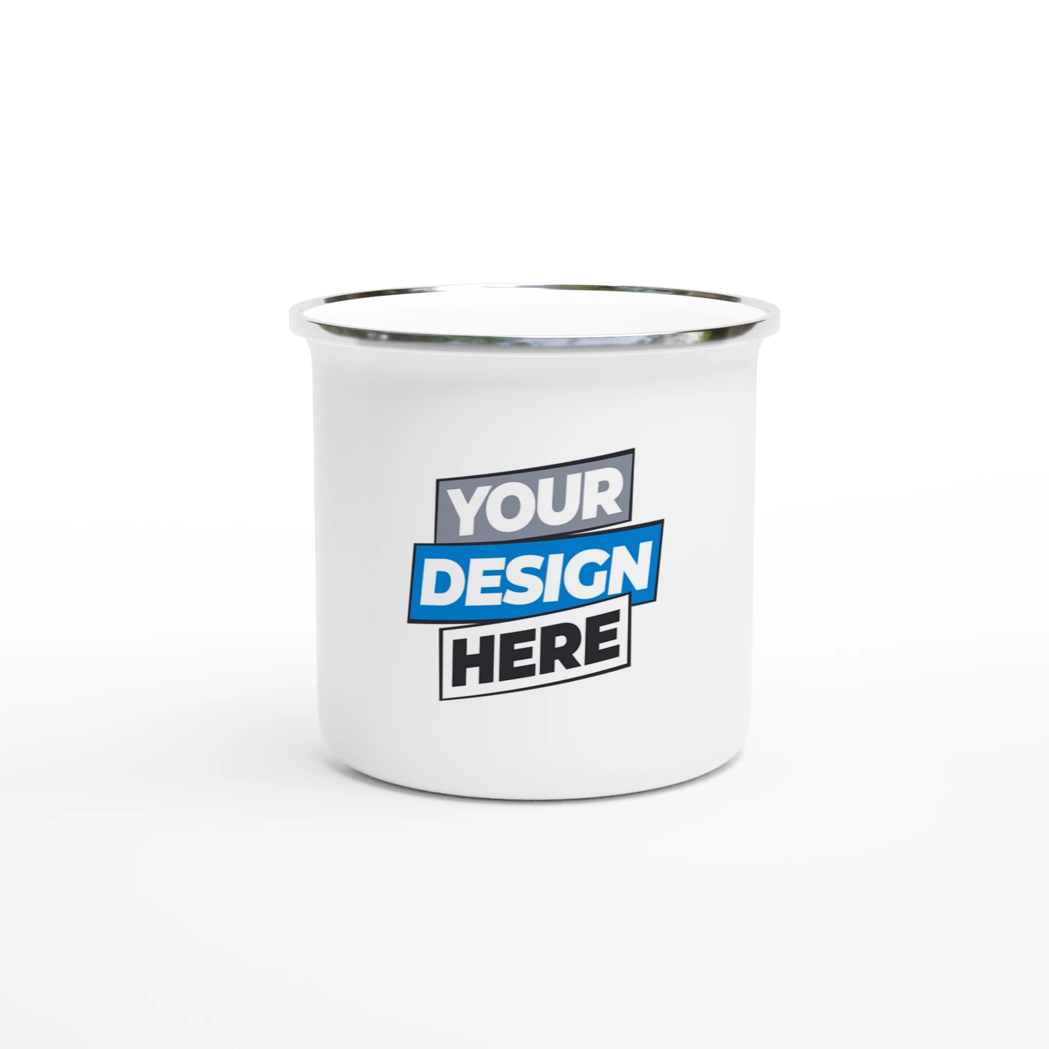 White enamel 12oz mug for print on demand, featuring clean design with silver rim, ideal for custom artwork or logos.