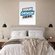 Alt Tag: Bedroom interior with your design here poster above bed, showcasing fine art poster possibilities with vivid colors and matte finish.