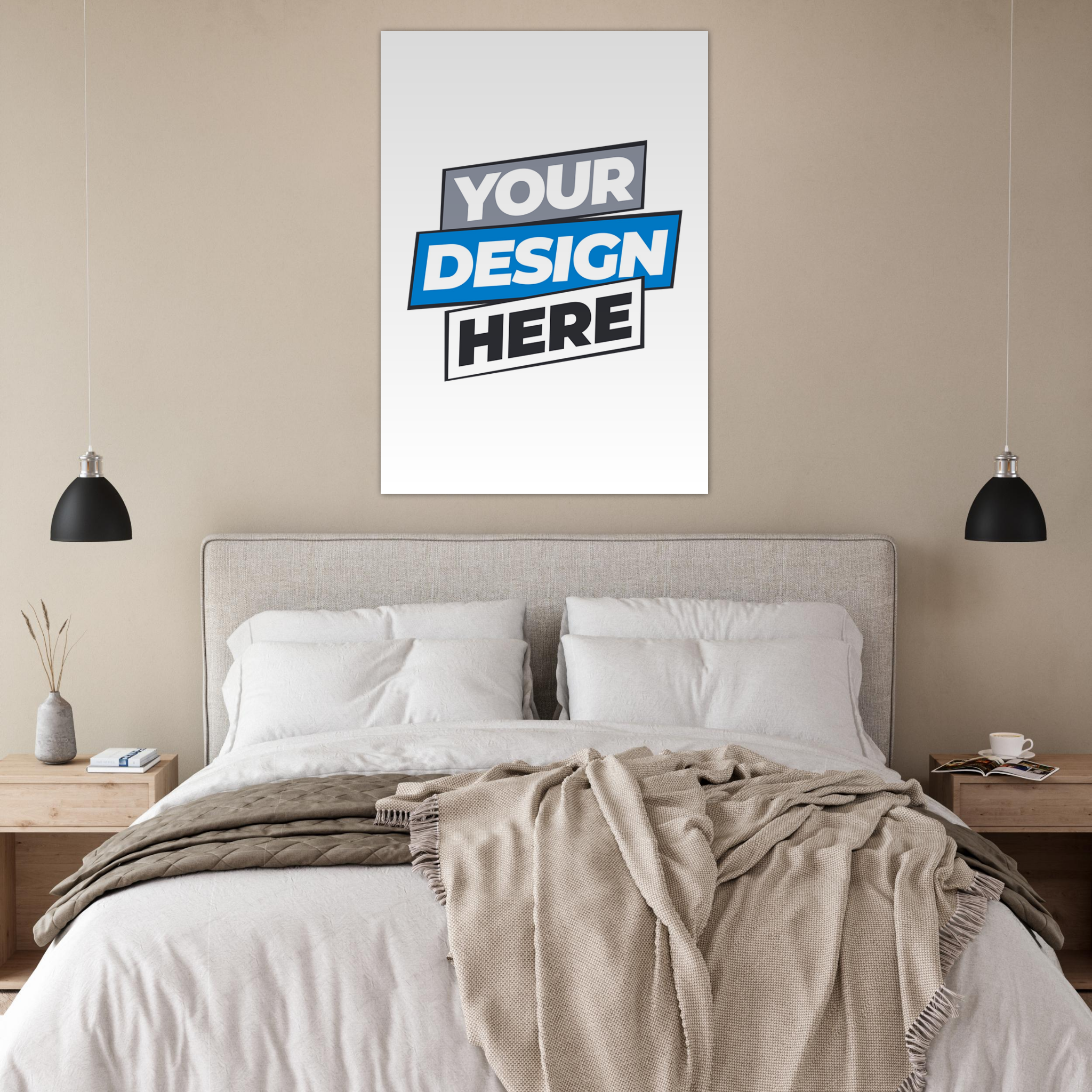 Alt Tag: Bedroom interior with your design here poster above bed, showcasing fine art poster possibilities with vivid colors and matte finish.