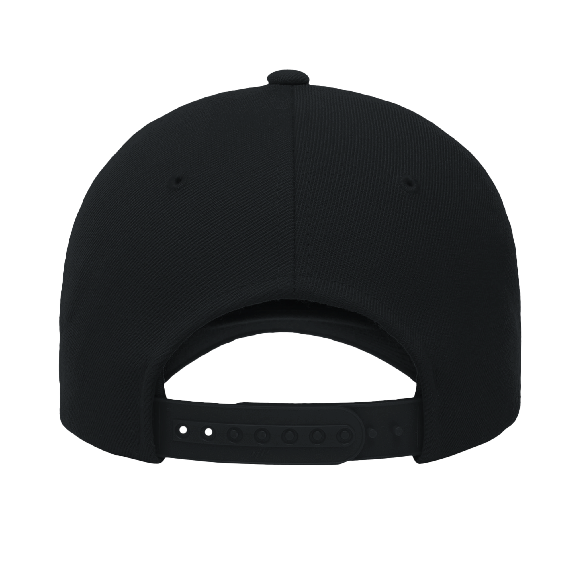 Back view of black Print on Demand Callorin Premium Snapback Cap featuring adjustable closure, ideal for customization and style.