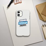 Personalized gloss tough iPhone case with design placeholder, dual-layer protection against drops, glossy wraparound finish.