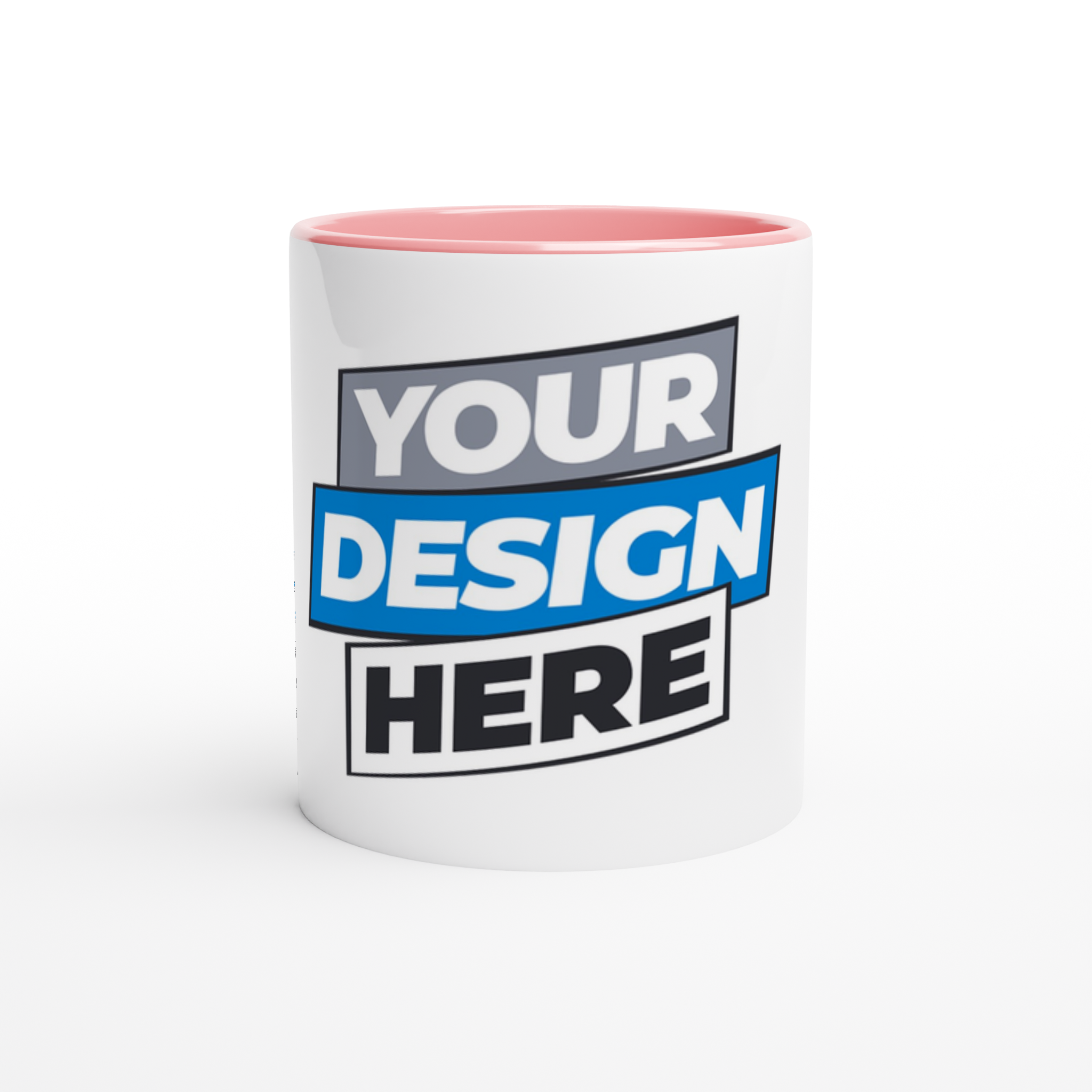 Ceramic mug with pink accent rim, featuring customizable design space on a white glossy finish.