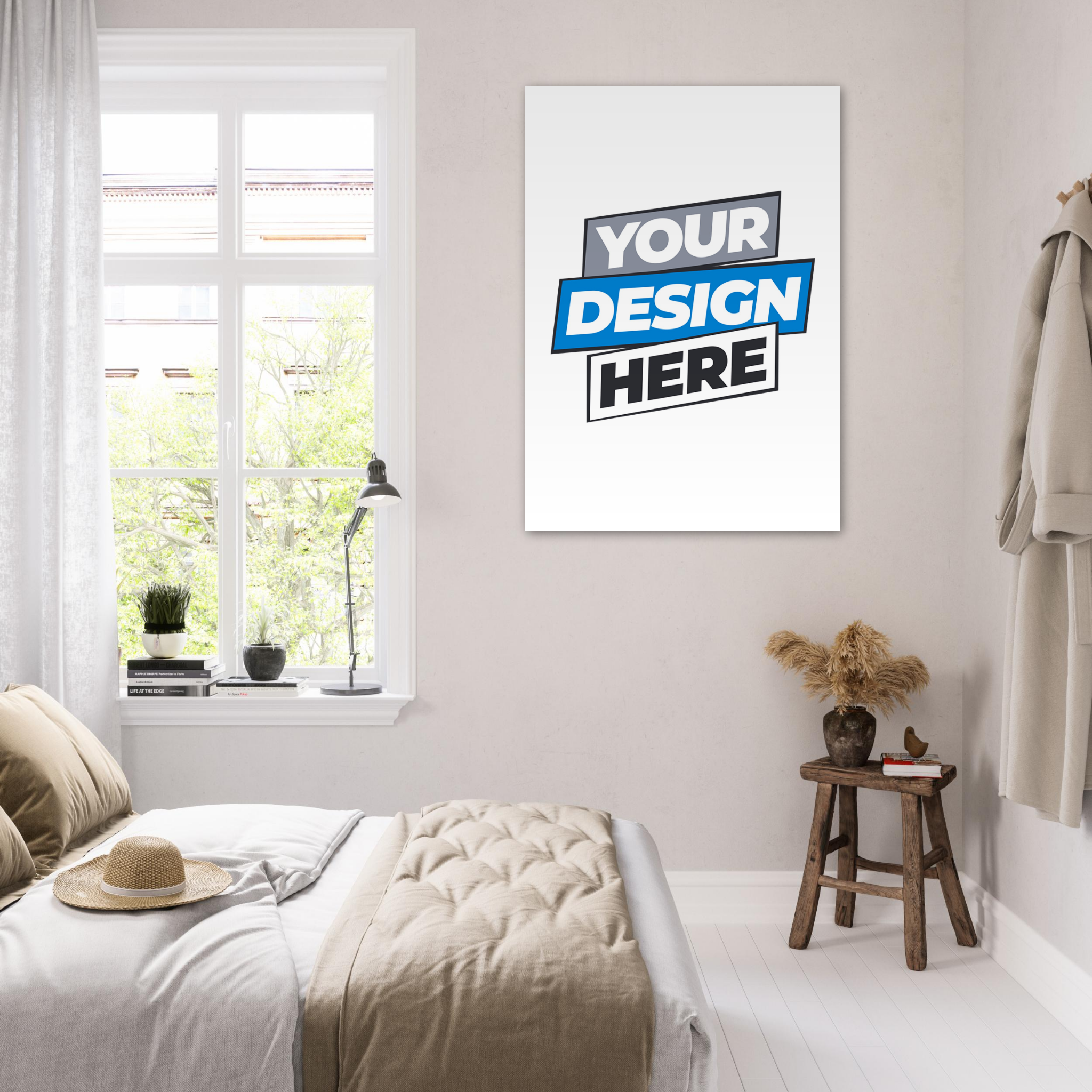 Bright bedroom with a "Your Design Here" poster, stylish decor, and ambient natural light highlighting a serene aesthetic.
