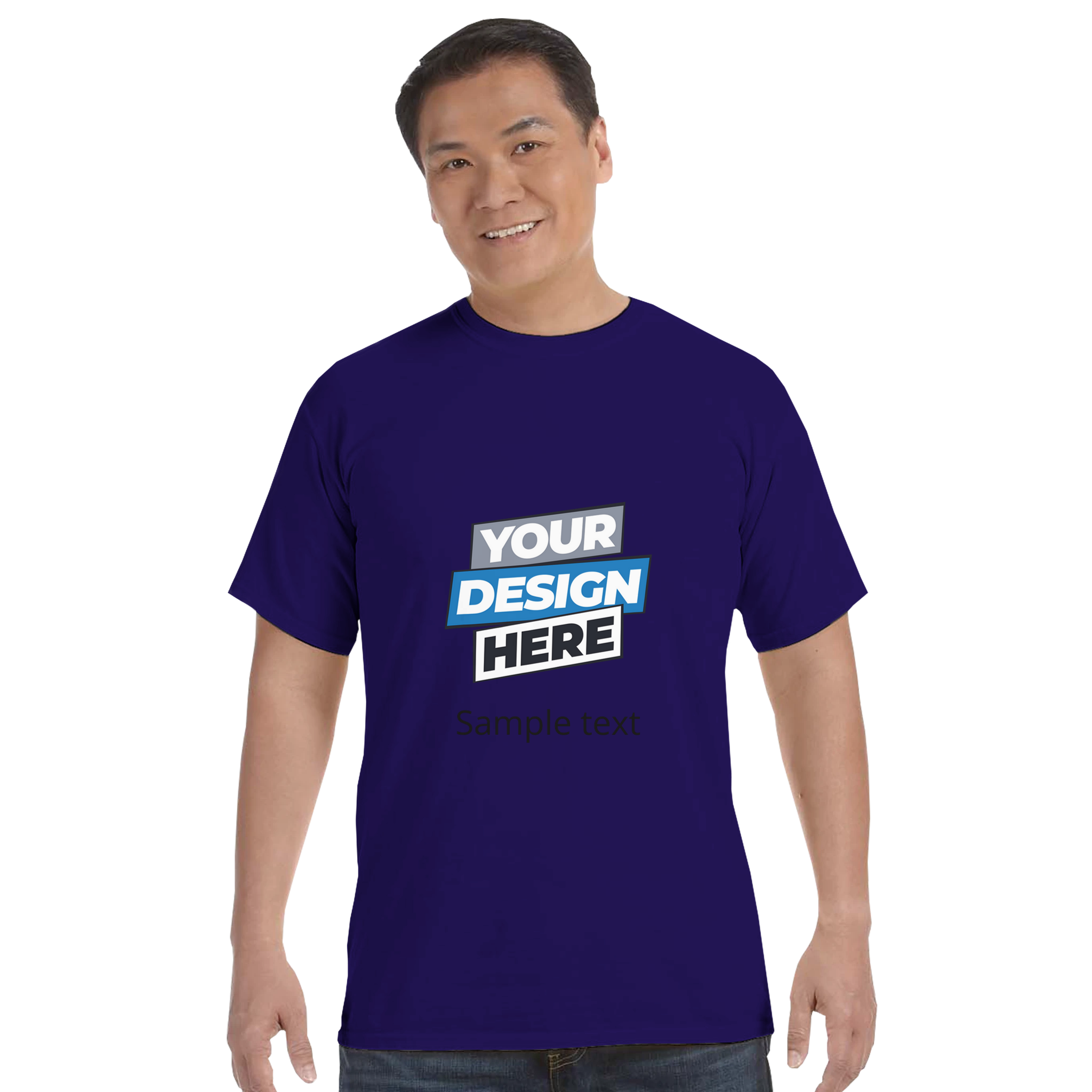 Man wearing a purple print on demand Durmor heavyweight t-shirt with 'Your Design Here' text, showcasing custom design options.