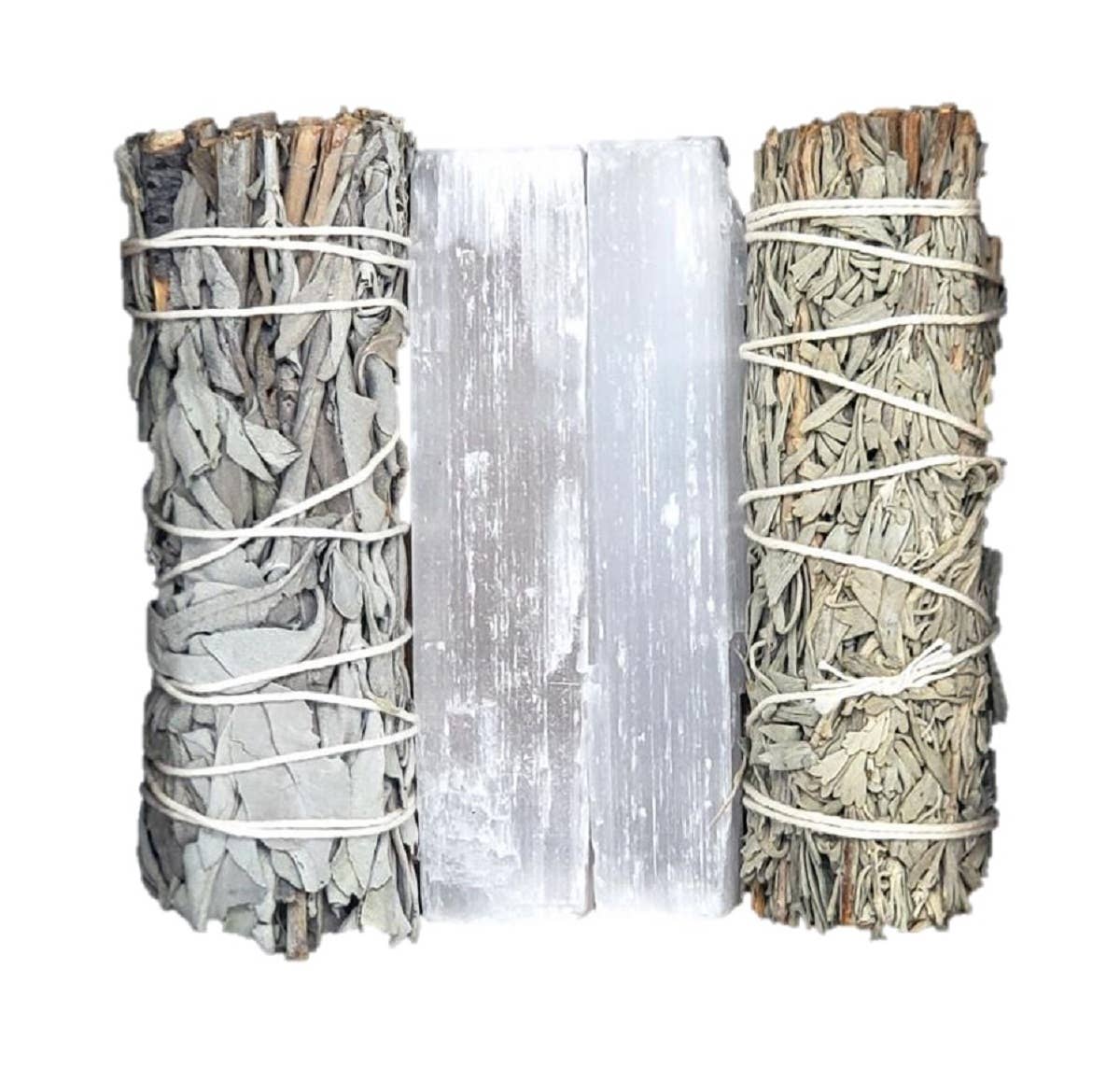 Velanya Energy Cleansing Kit with White Sage, Blue Sage, and Selenite for purifying and uplifting energy.