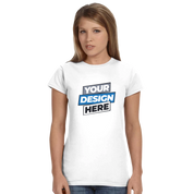 Woman wearing customizable Zalmera women's cotton t-shirt, featuring 'Your Design Here' text. Ideal for print on demand.