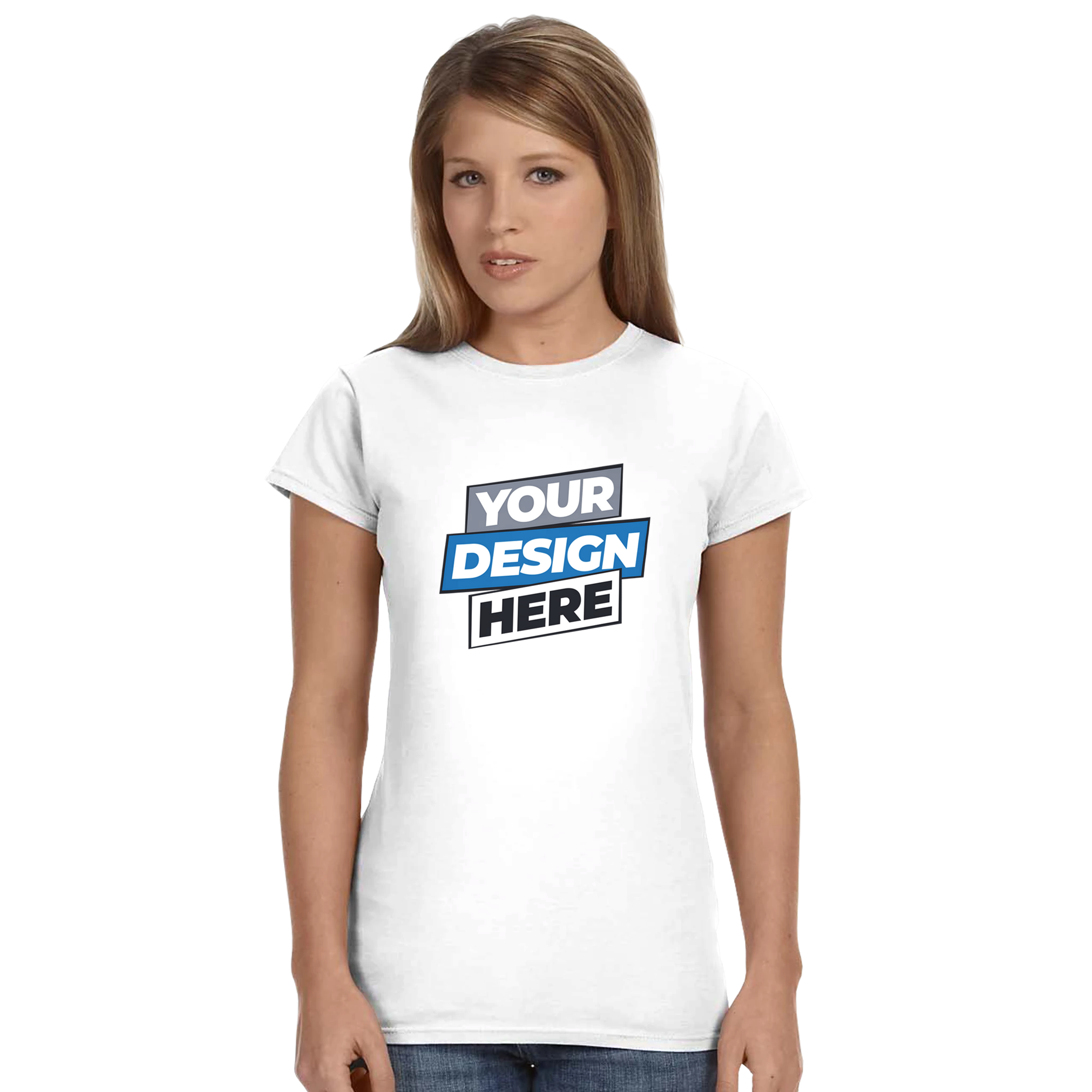 Woman wearing customizable Zalmera women's cotton t-shirt, featuring 'Your Design Here' text. Ideal for print on demand.