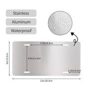"Dimensions and features of stainless aluminum waterproof license plate, 6x12 inches, with close-up of water droplets"