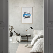 Minimalist bedroom with a framed canvas print, featuring neutral tones and modern decor, enhancing the aesthetic appeal of the space.