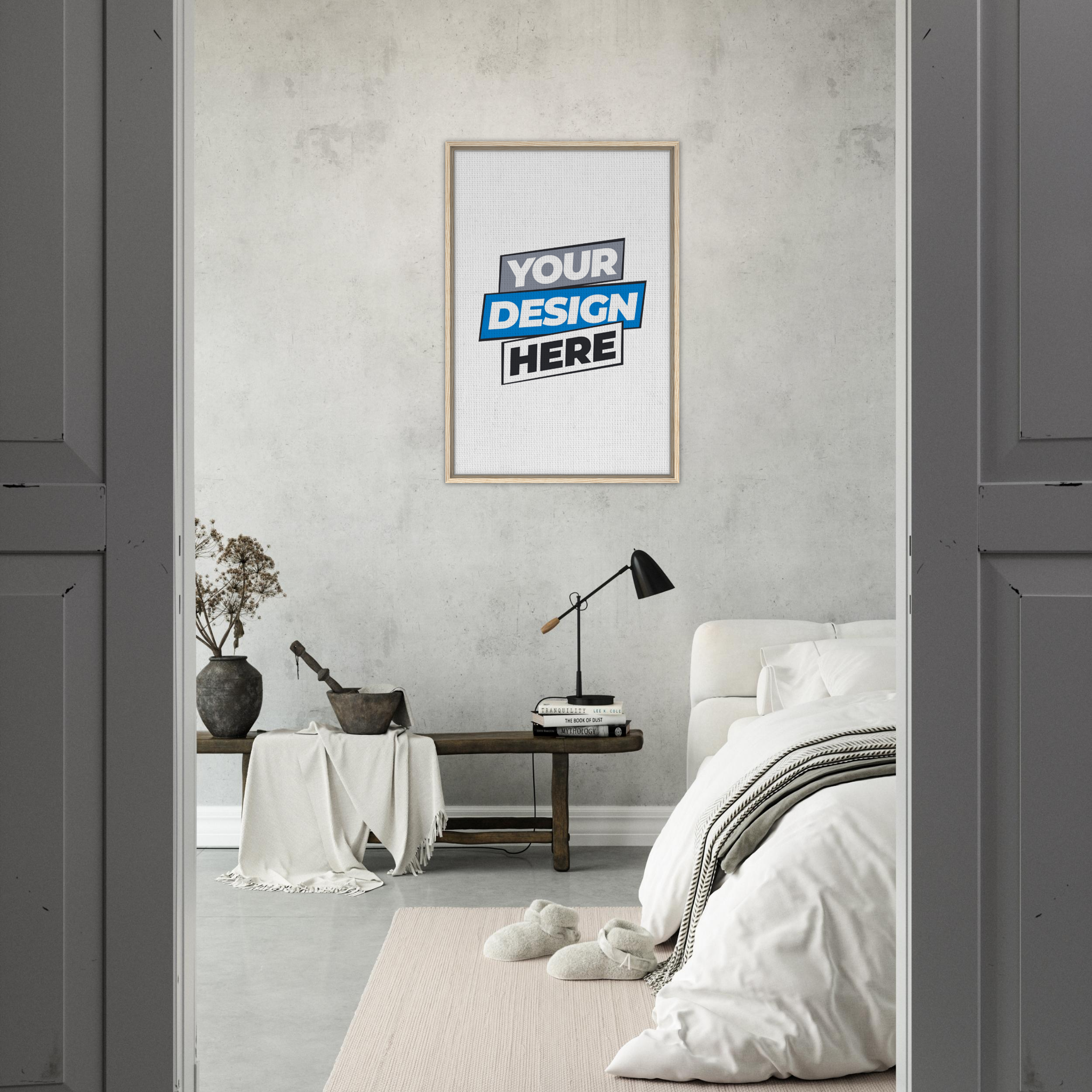 Minimalist bedroom with a framed canvas print, featuring neutral tones and modern decor, enhancing the aesthetic appeal of the space.