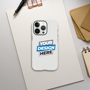 Glossy print-on-demand iPhone tough case with customizable design, dual-layer protection, wireless charging compatible.