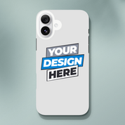 Customizable gloss tough case for iPhone with dual-layer protection and wireless charging compatibility, showcasing a "Your Design Here" graphic.