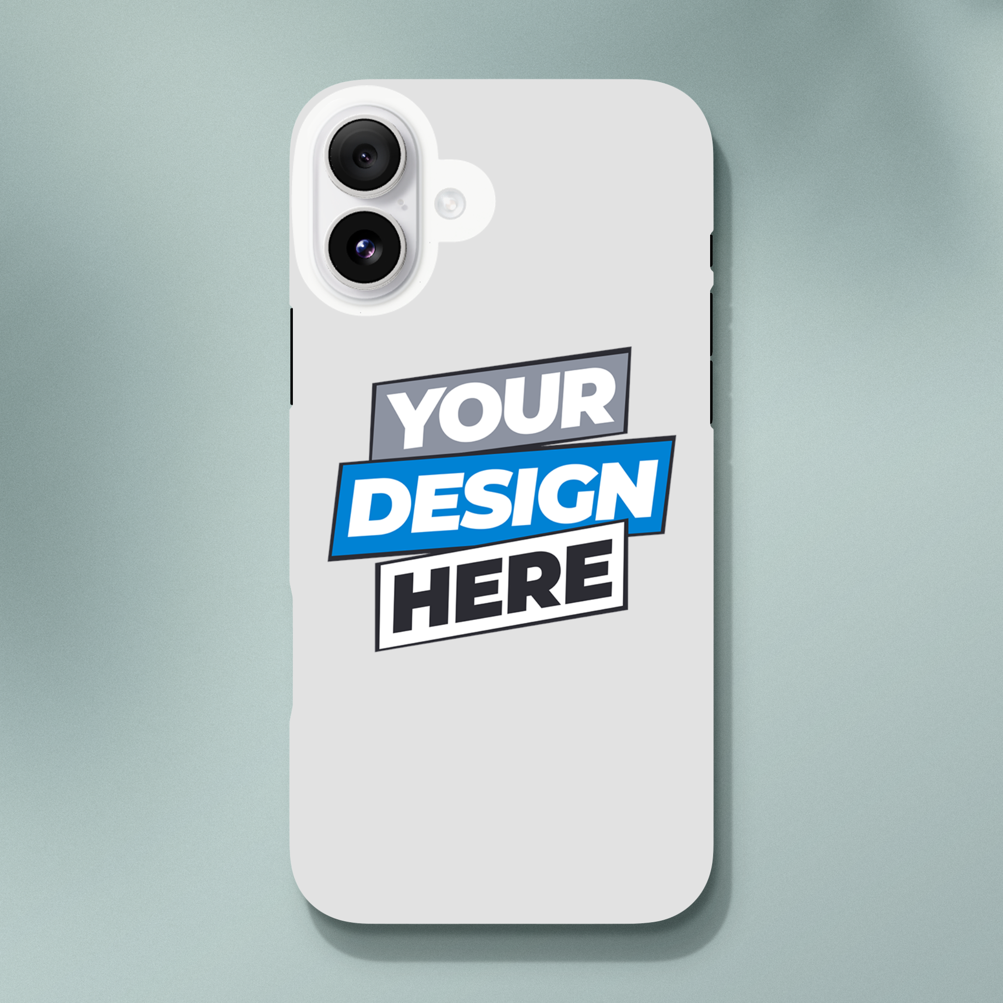 Customizable gloss tough case for iPhone with dual-layer protection and wireless charging compatibility, showcasing a "Your Design Here" graphic.