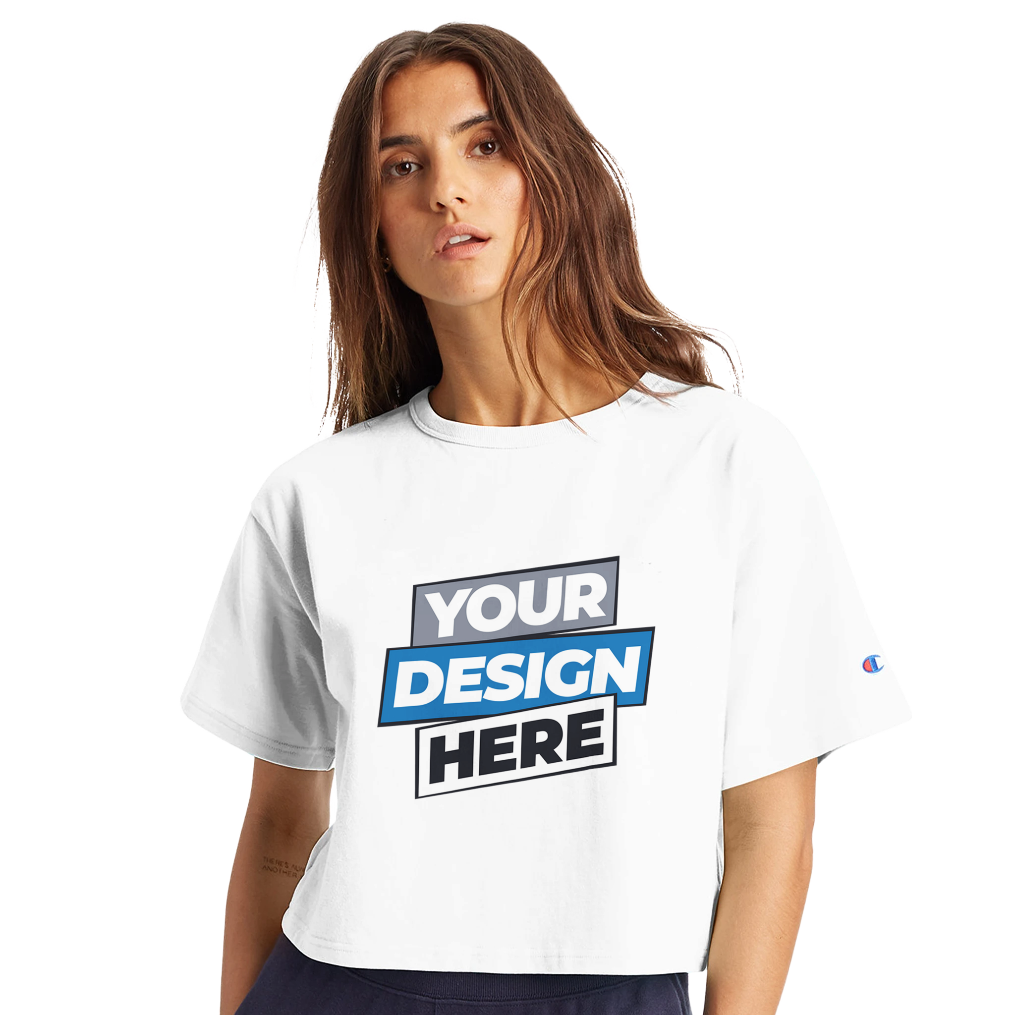 Woman wearing a Virelle cropped cotton tee with customizable print design, relaxed silhouette, and bound ribbed collar for casual style.