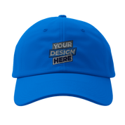 Blue fitted baseball cap Flexfit 6277 with embroidered design on the front view, showcasing curved visor for style and comfort.