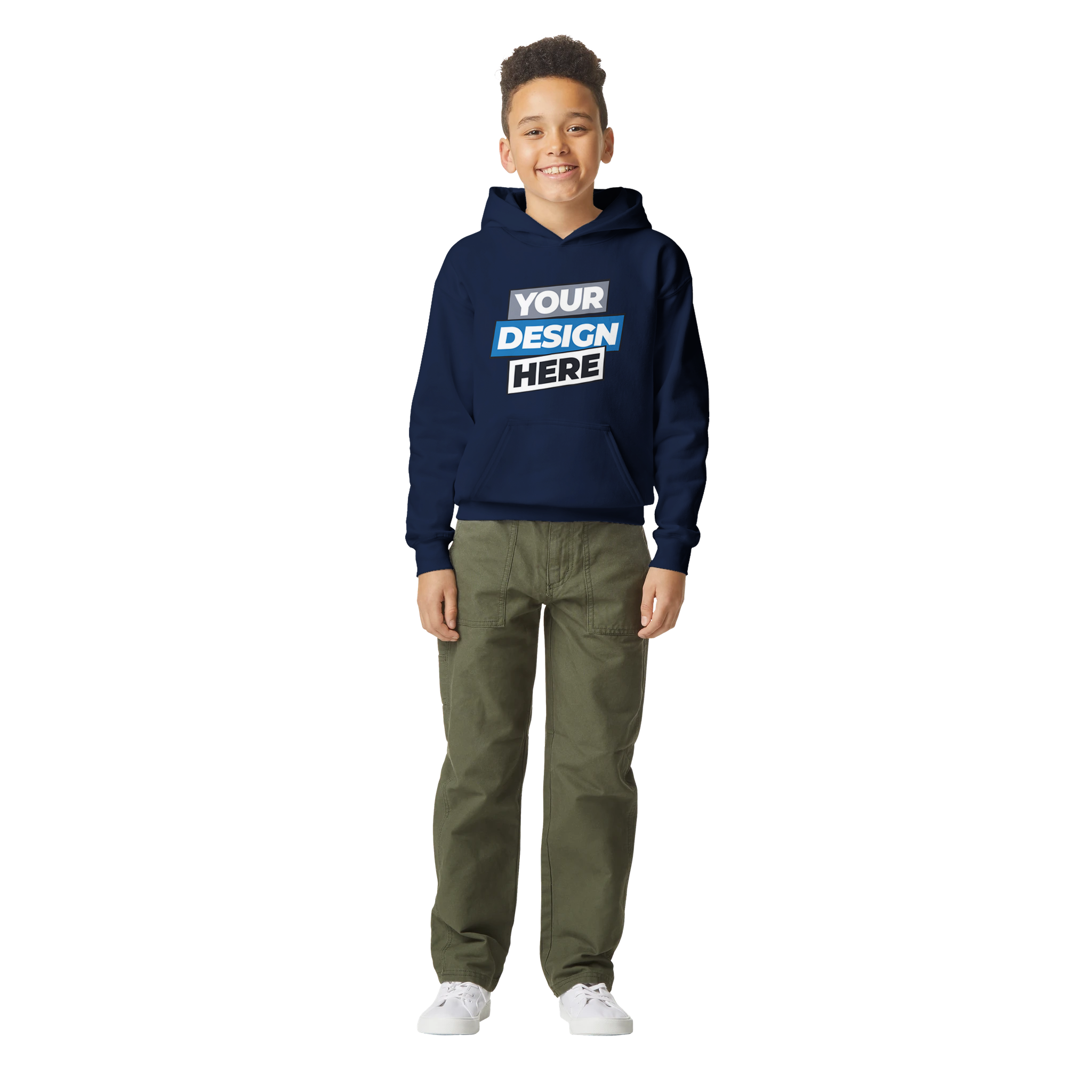Youth wearing a navy Terylo Fleece Hoodie for kids, featuring a "Your Design Here" print, standing with hands in pockets, ideal for play or school.