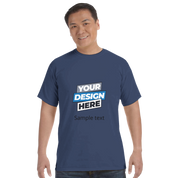 Man wearing blue Print on Demand Durmor Heavyweight T-Shirt with custom design options.