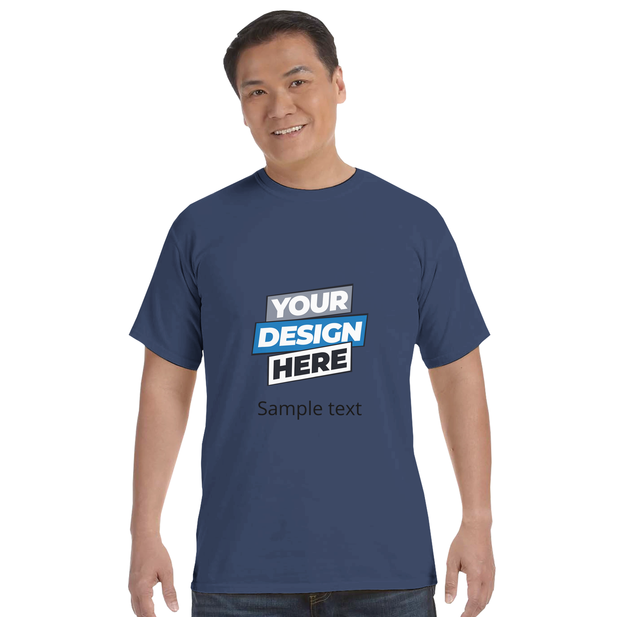 Man wearing blue Print on Demand Durmor Heavyweight T-Shirt with custom design options.