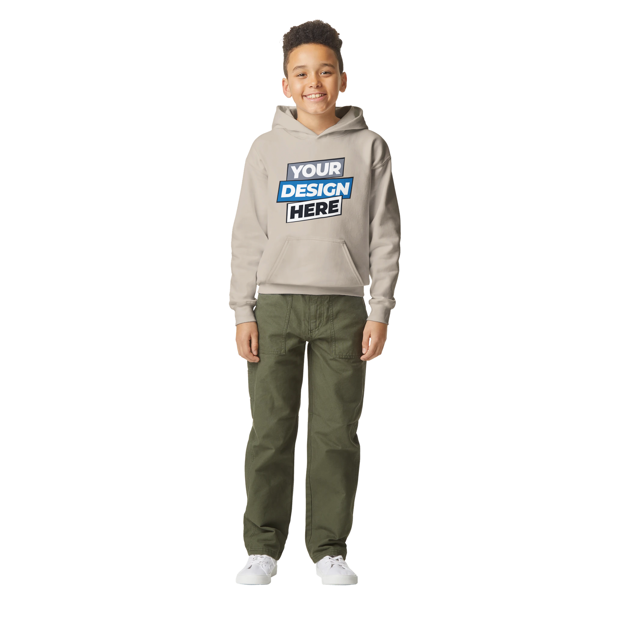 Youth wearing a customizable Terylo fleece hoodie, showcasing the comfortable fit for everyday play and layering.