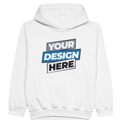 Customizable Terylo Youth Fleece Hoodie with "Your Design Here" text, featuring cozy midweight fleece and safety jersey-lined hood.