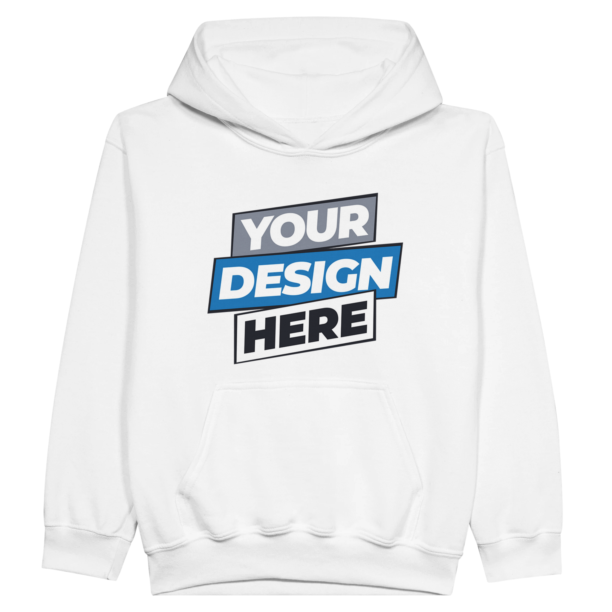 Customizable Terylo Youth Fleece Hoodie with "Your Design Here" text, featuring cozy midweight fleece and safety jersey-lined hood.