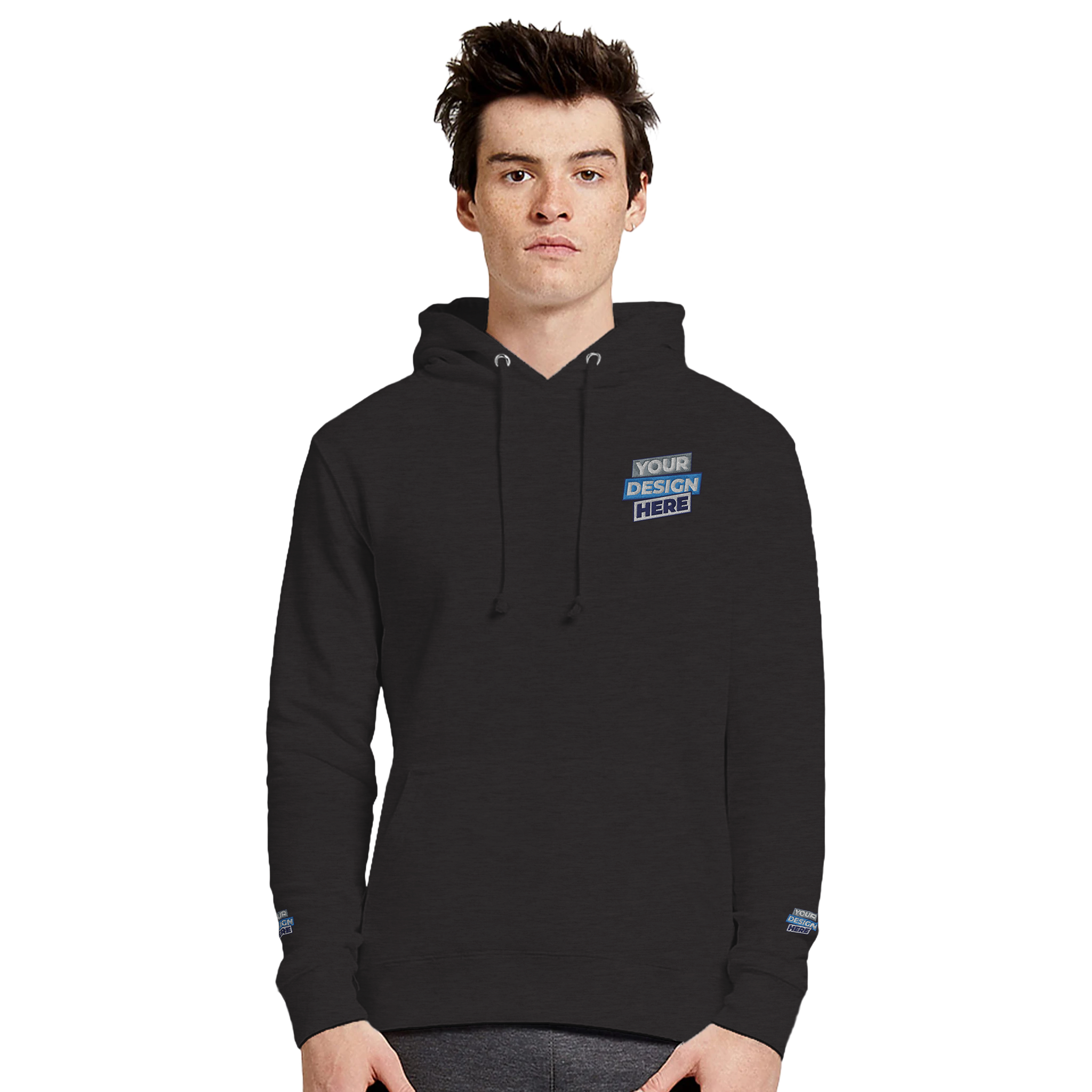 Elmoré Premium Pullover Hoodie with kangaroo pocket and metal grommets displayed on a model, perfect for custom design.