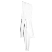 Side view of a white Elowen cropped hoodie with a relaxed fit and raw hem, showcasing its contemporary streetwear style and soft fleece interior.
