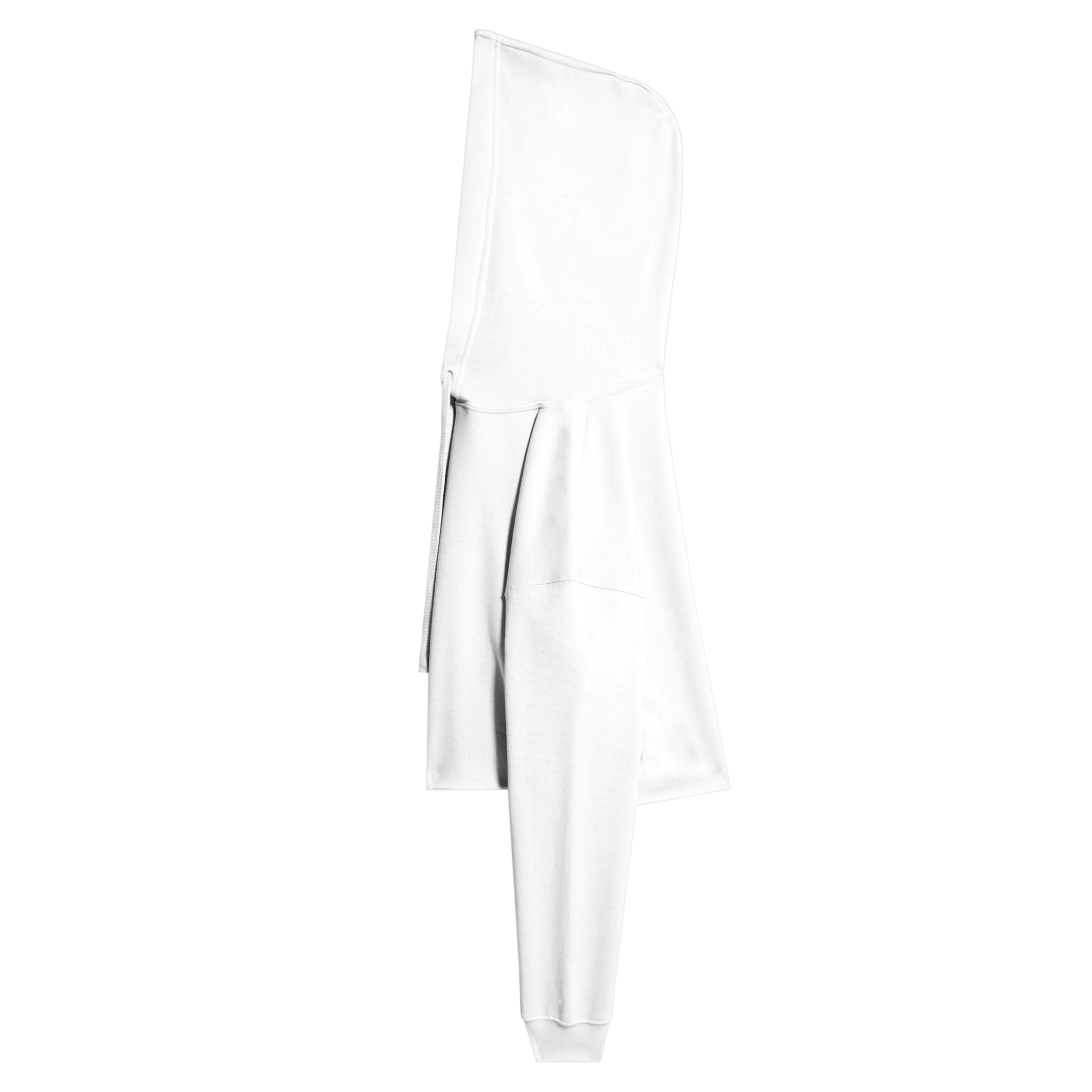 Side view of a white Elowen cropped hoodie with a relaxed fit and raw hem, showcasing its contemporary streetwear style and soft fleece interior.