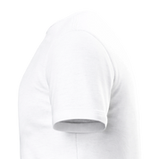 Side view of a white Print on Demand Durmor Heavyweight T-Shirt made from 100% US-grown ring-spun cotton, highlighting soft fabric and structure.