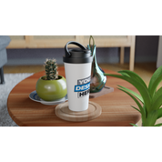 Customizable 15oz stainless steel travel mug with double-wall insulation and leak-proof lid on a wooden table next to houseplants.