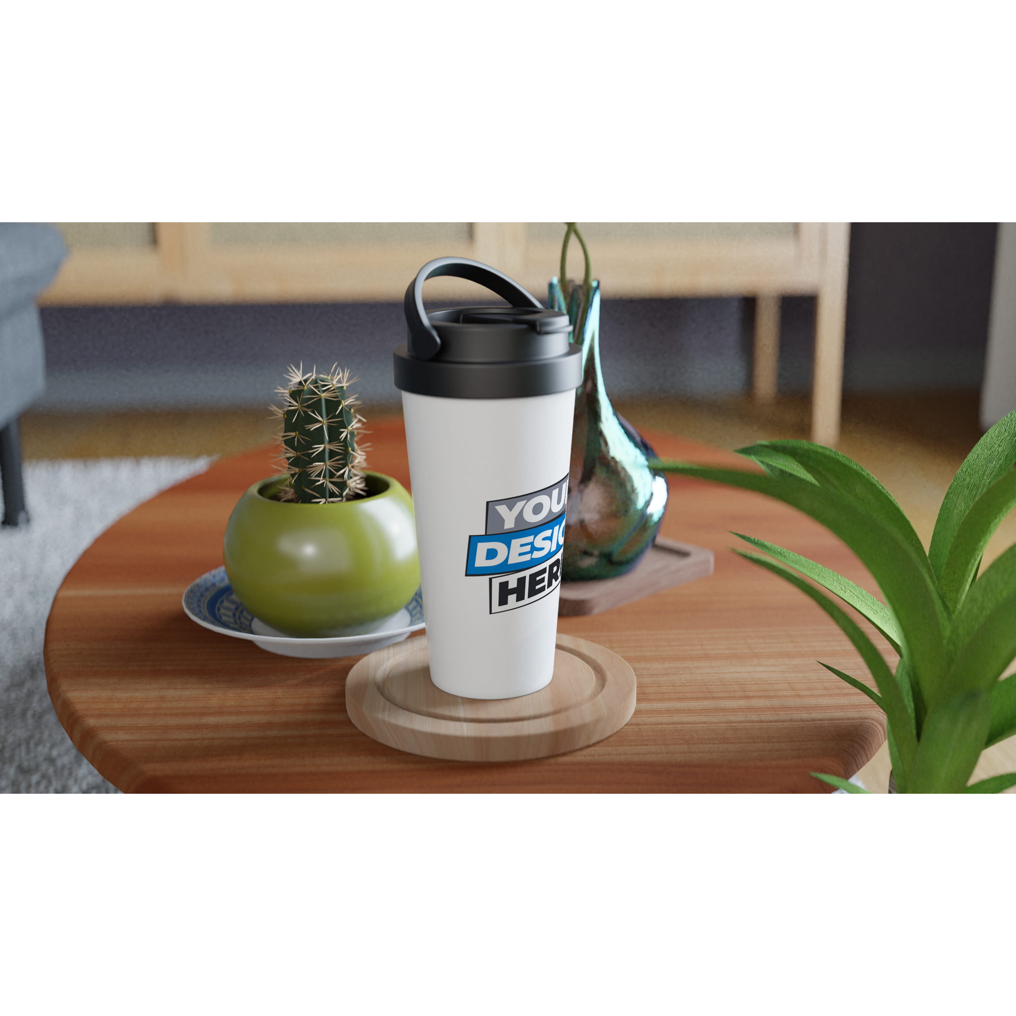 Customizable 15oz stainless steel travel mug with double-wall insulation and leak-proof lid on a wooden table next to houseplants.