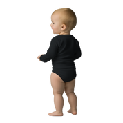Baby wearing black Serano Long Sleeve Bodysuit with lap shoulders, cozy cotton fabric, ideal for layering in cool weather.