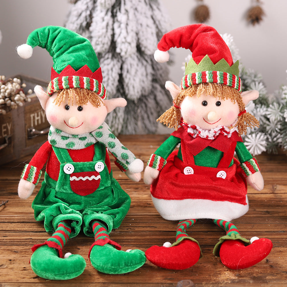 Christmas hanging legs sitting doll ornaments, male and female models in festive attire, perfect for holiday home decor.