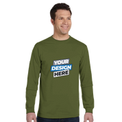 Man wearing green unisex organic cotton long-sleeve t-shirt with design placeholder, featuring eco-friendly and comfortable construction.
