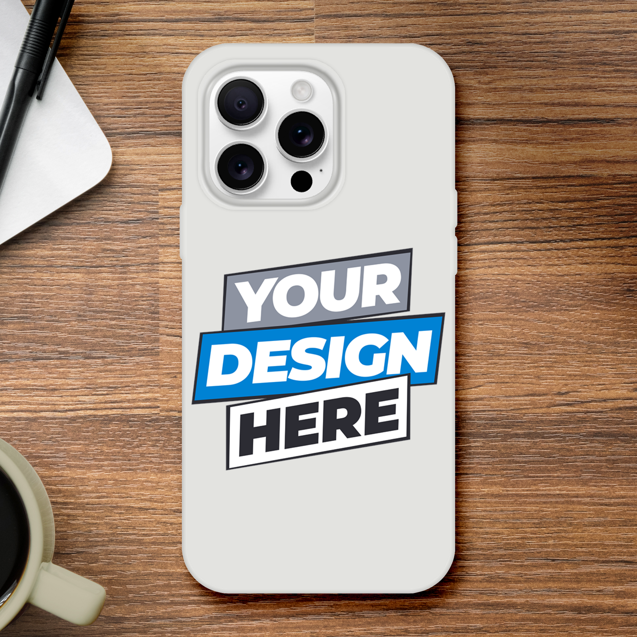 Transparent Flexi Case with customizable design, impact-resistant and wireless charging compatible, displayed on wooden desk.